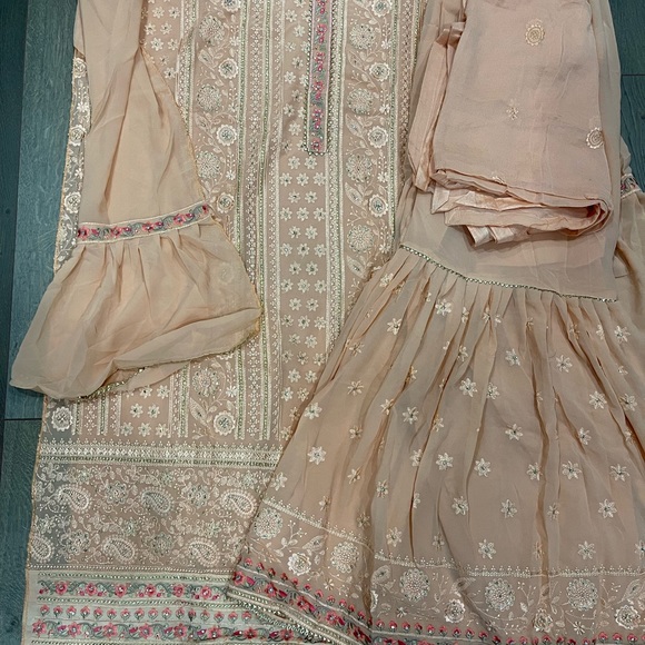Peach Sharara Suit - New with Semi-Stitched Top - Picture 4 of 5